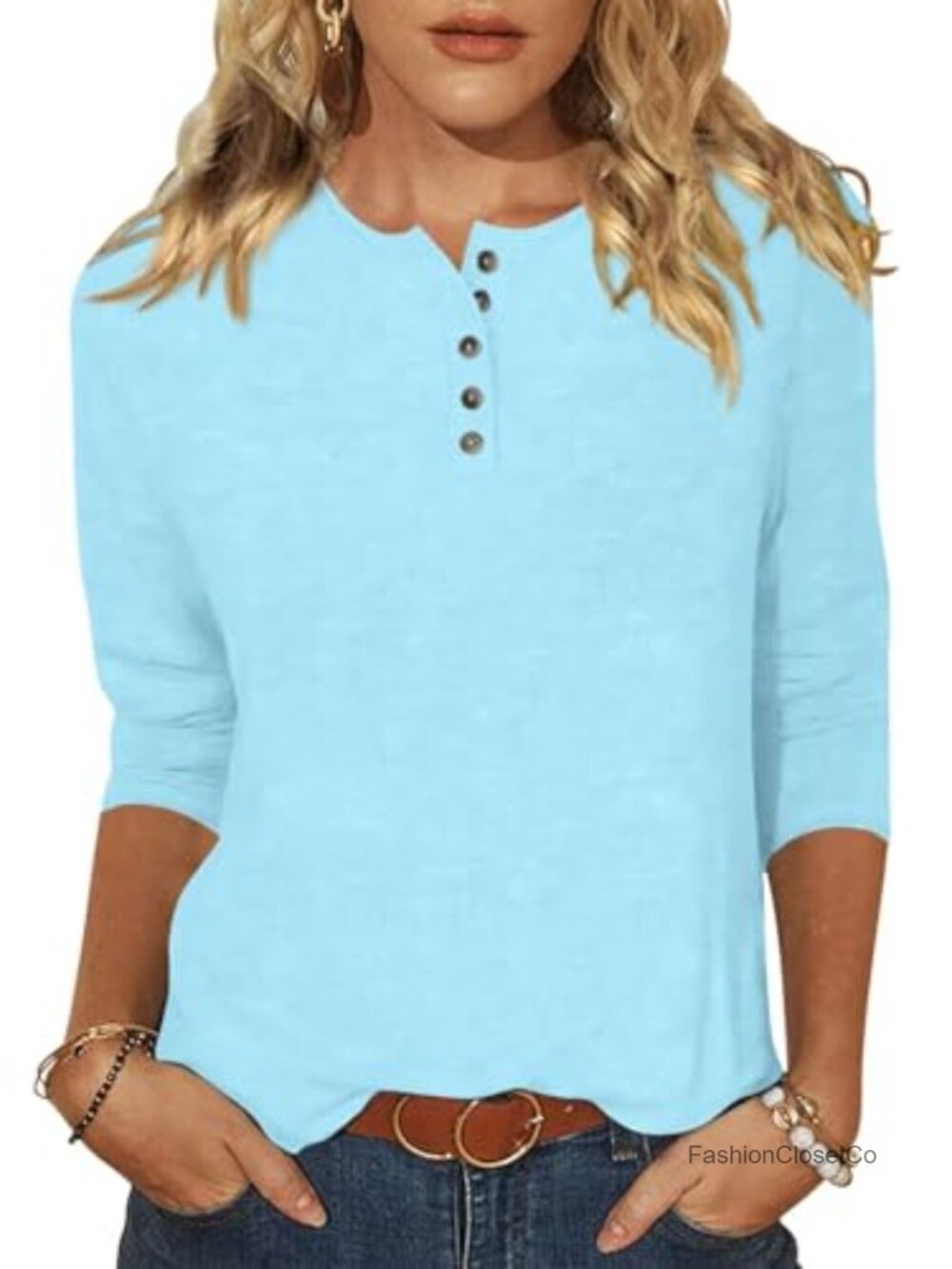Women's 3/4 Sleeve Henley Shirt Crew Neck Casual Button Top Soft Knit
